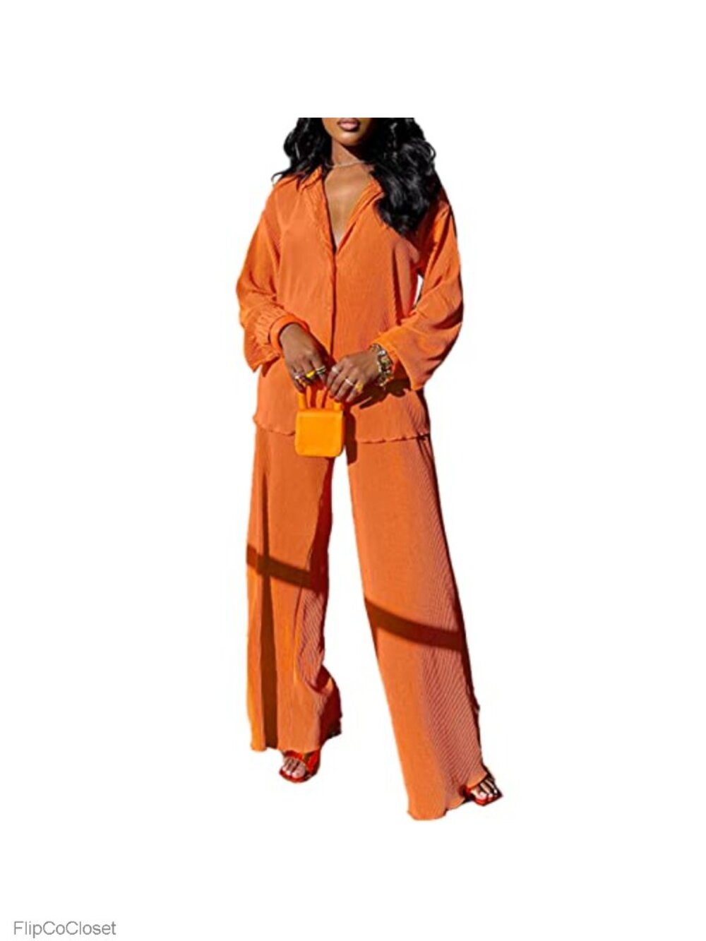 Women's Plisse 2 Piece Outfit Button Down Shirt Wide Leg Pants Set
